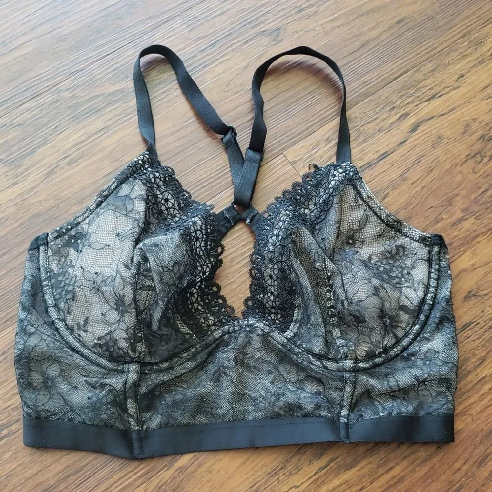 Victorias Secret Very Sexy Black Floral Lace Elegant Unlined Plunge Bra Size 34D